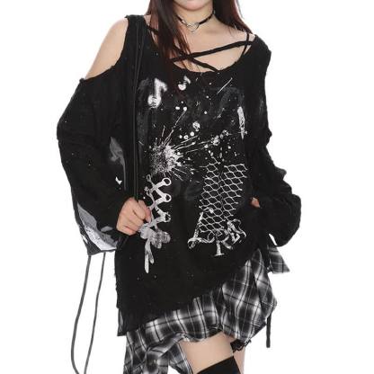Y2K  Distressed Graffiti Cutout Off Shoulder Long Sleeve T-Shirt - image 6