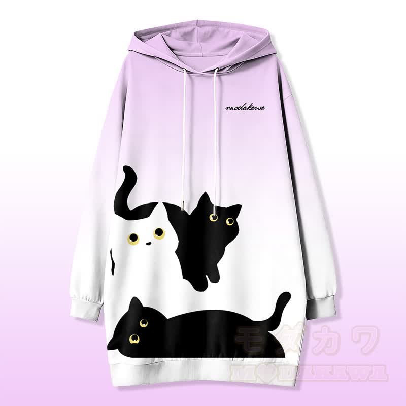 Curious Cat Graphic Modakawa Hooded Sweatshirt Dress With Side Pockets - Purple - 4XL - image 4