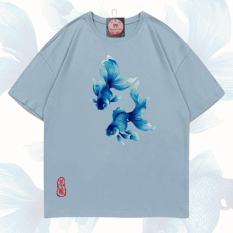 MODAKAWA Fish Graphic 100% Cotton T-shirt - Grey milk green - 5XL - image 11