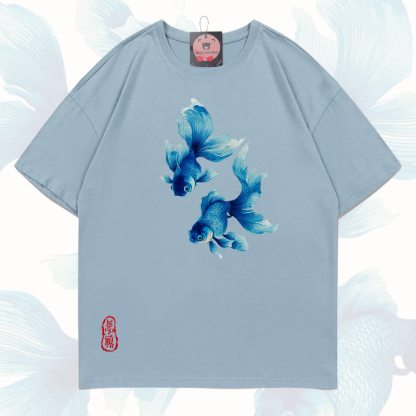 MODAKAWA Fish Graphic 100% Cotton T-shirt - Grey milk green - 5XL - image 11