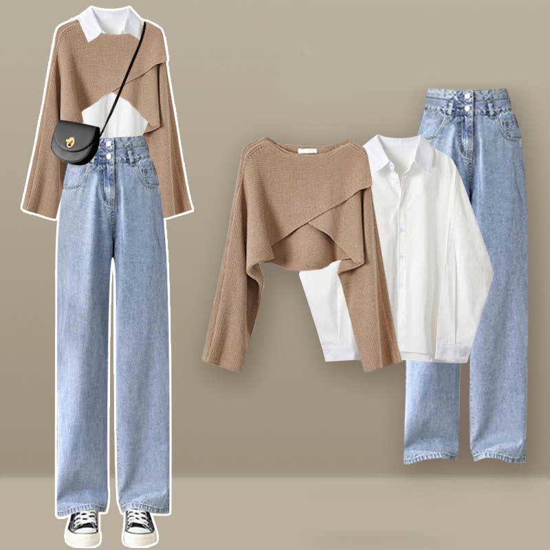 Cross Knit Sweater Lapel Shirt Denim Pants Matching Outfit - image 1