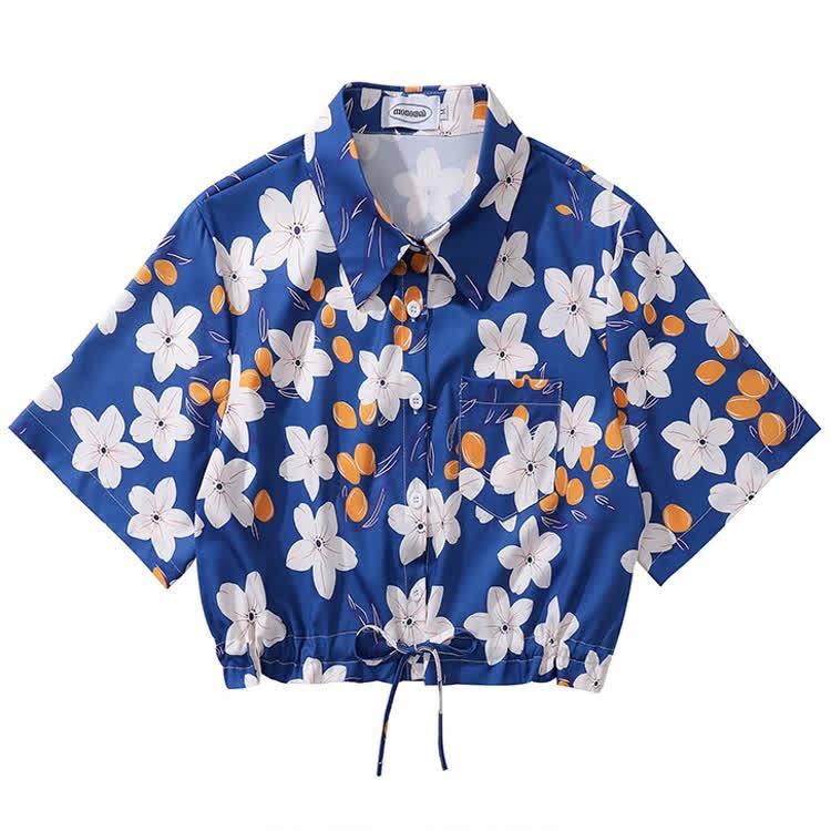 Vintage Print Short Sleeve Button-Up Shirt - Multicolor F - L - image 7