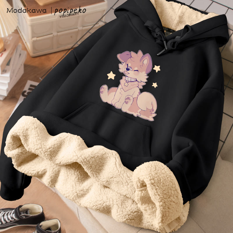 MODAKAWA X popipeko Tongue-out Puppy Graphic Thick Fleece Lined Winter Hoodie - Black - 2XL - image 5