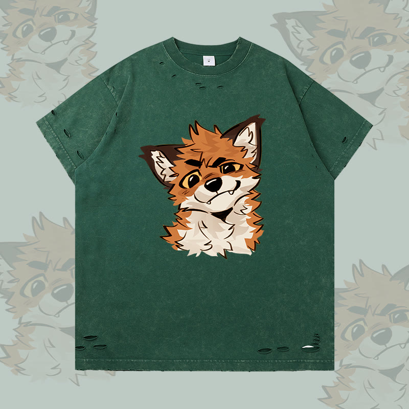 MODAKAWA X atka Funny Fox Graphic Ripped T-shirt - Dark Green - 2XL - image 4
