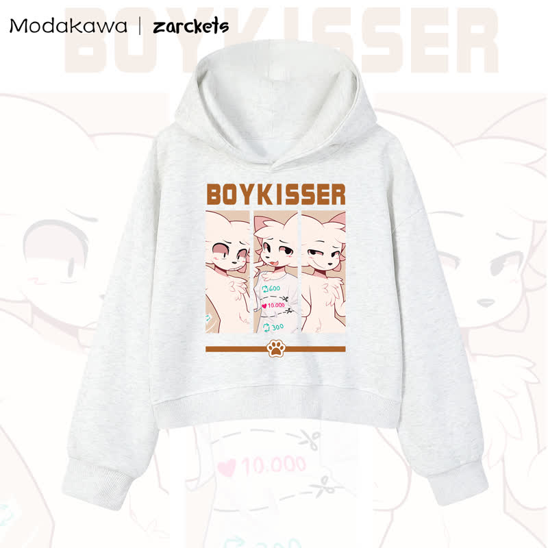 MODAKAWA X zarckets BOYKISSER Cat Graphic Cropped Cotton Hoodie - Light Gray - 3XL - image 7