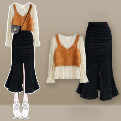 Pure Color Vest Shirt High Waist Fishtail Denim Skirt Matching Outfit - Orange Shirt+Vest +Black Skirt - XL - image 2