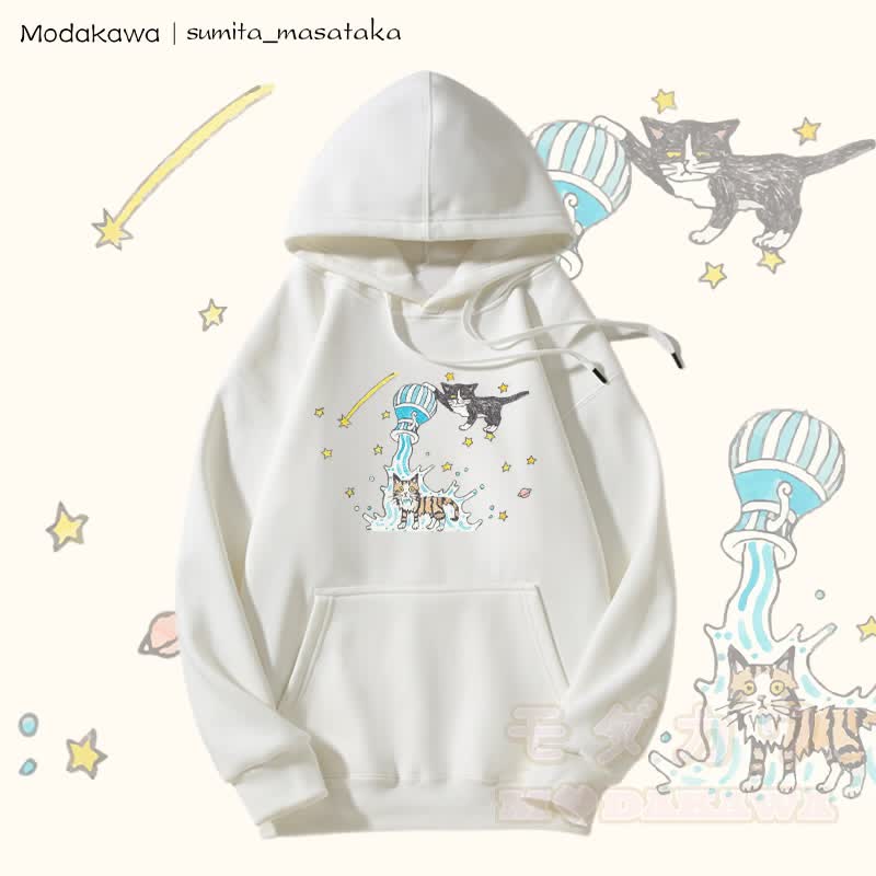 MODAKAWA X sumita_masataka Water Pouring Cats Graphic Fleece Lined Hoodie - White - 5XL - image 4