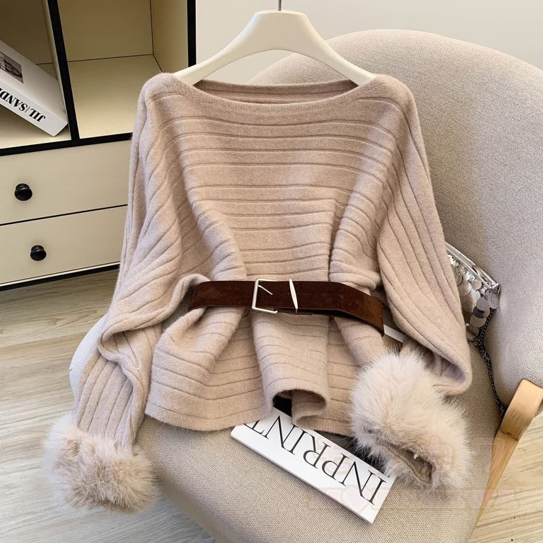 Chic Off Shoulder Fuzzy Sleeve Knit Top - Khaki - One Size - image 8
