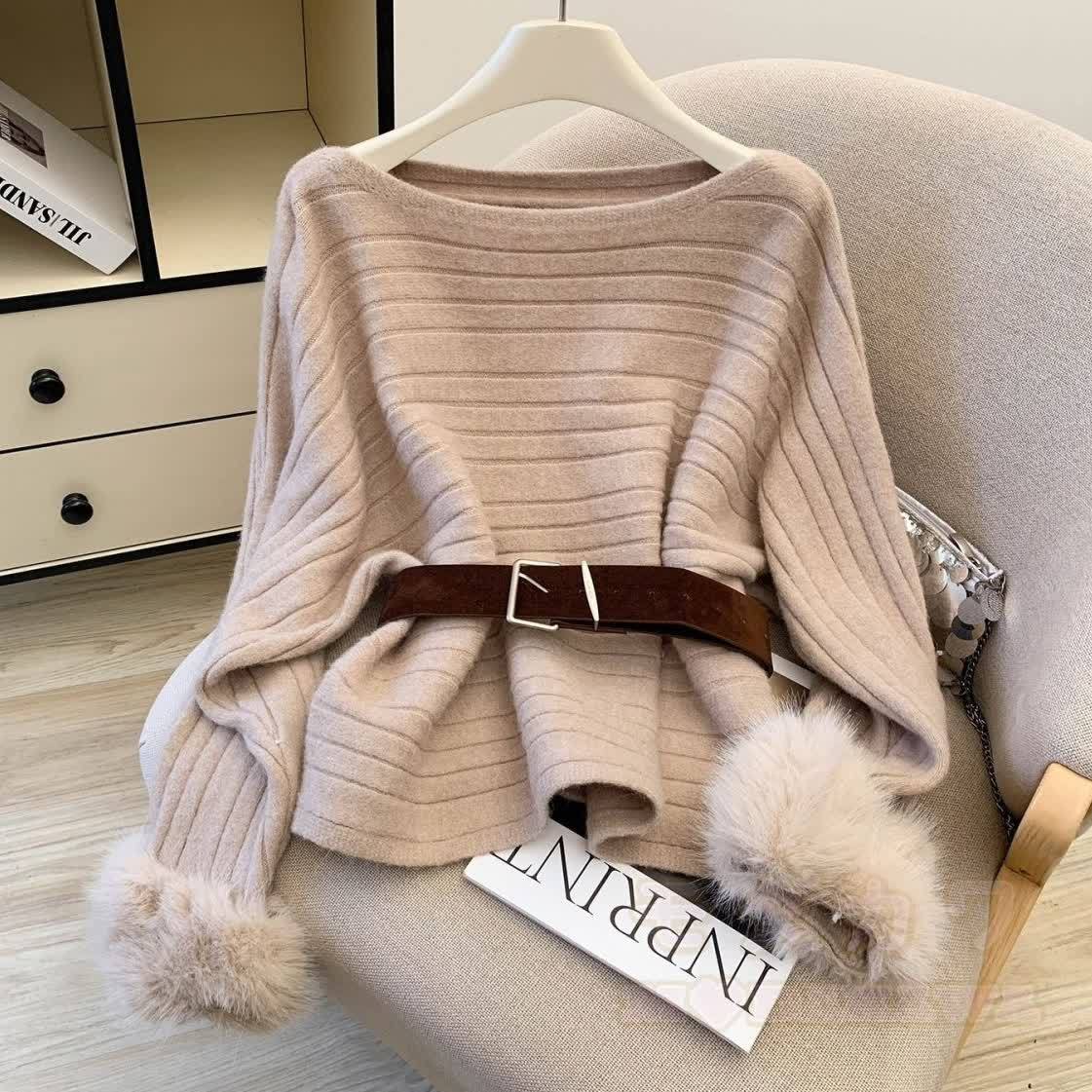 Chic Off Shoulder Fuzzy Sleeve Knit Top - Khaki - One Size - image 8