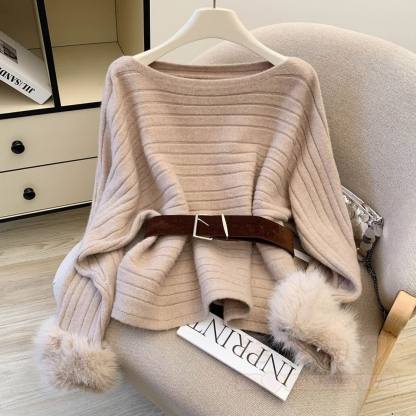 Chic Off Shoulder Fuzzy Sleeve Knit Top - Khaki - One Size - image 8