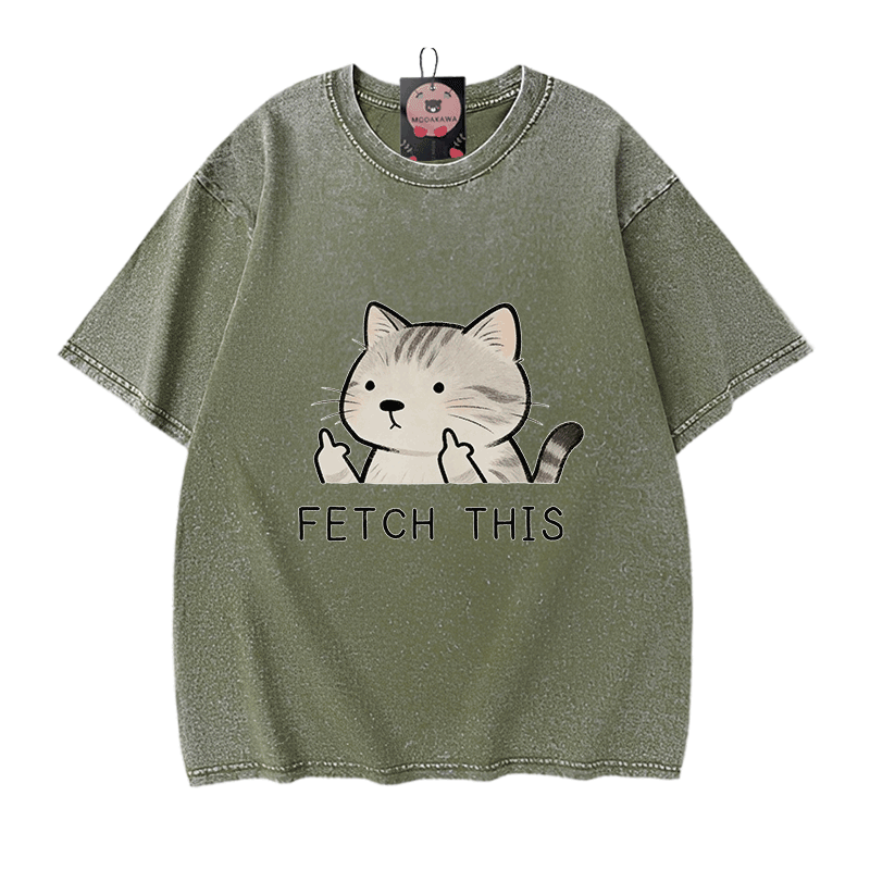 FETCH THIS Cat Graphic Modakawa Vintage Washed 100% Cotton T-shirt - Green - 5XL - image 8