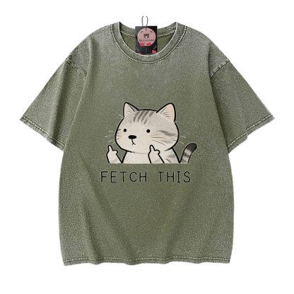 FETCH THIS Cat Graphic Modakawa Vintage Washed 100% Cotton T-shirt - Green - 5XL - image 8