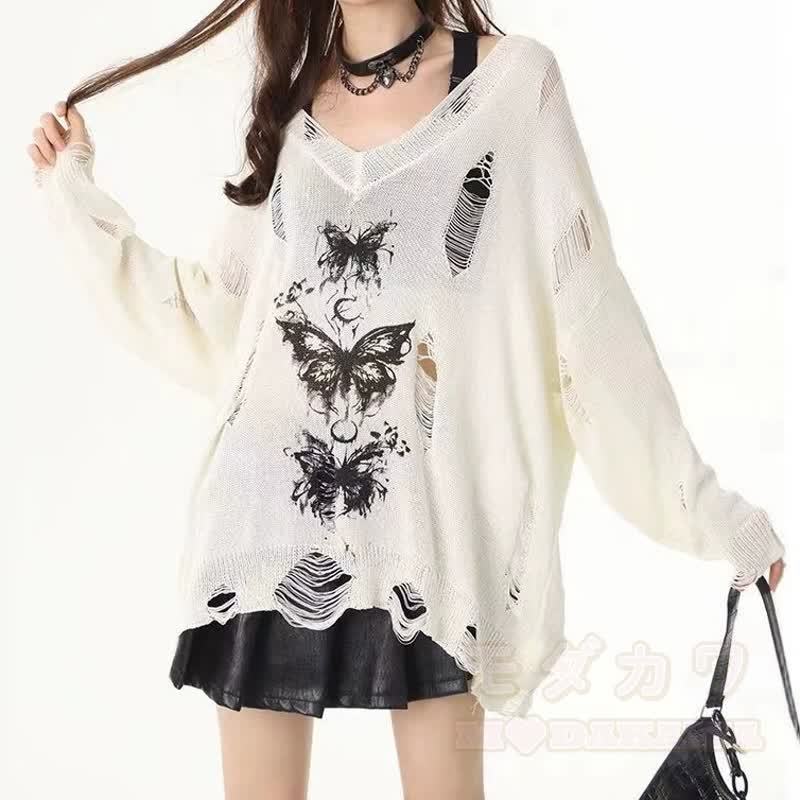 Butterfly Print Distressed Cut Out Off Shoulder Long Sleeve Knit Top - image 7