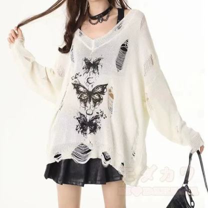 Butterfly Print Distressed Cut Out Off Shoulder Long Sleeve Knit Top - image 7