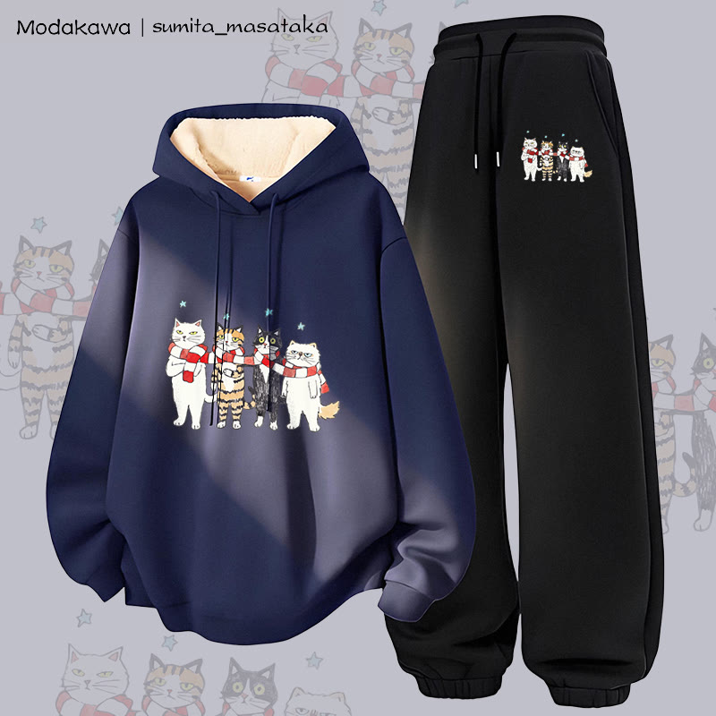 MODAKAWA X sumita_masataka Scarf Sharing Cats Graphic Thick Fleece Lined Hoodie Pants Two Pieces Set - Purplish Blue&Black - 5XL - image 3