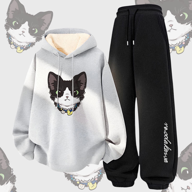 MODAKAWA Cute Kitty Graphic Thick Fleece Lined Hoodie Pants Two Pieces Set - Grey&Black - 5XL - image 3