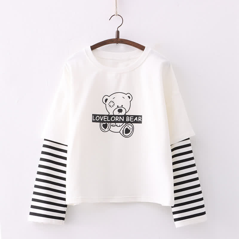 Cartoon Bear Letter Print Stripe Sleeve Sweatshirt - White - One Size - image 2