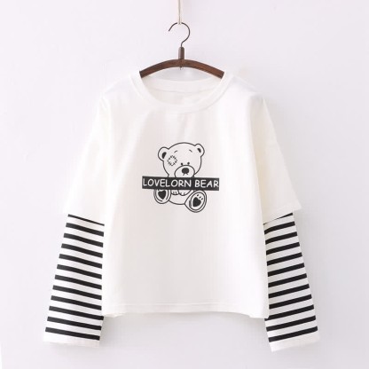 Cartoon Bear Letter Print Stripe Sleeve Sweatshirt - White - One Size - image 2