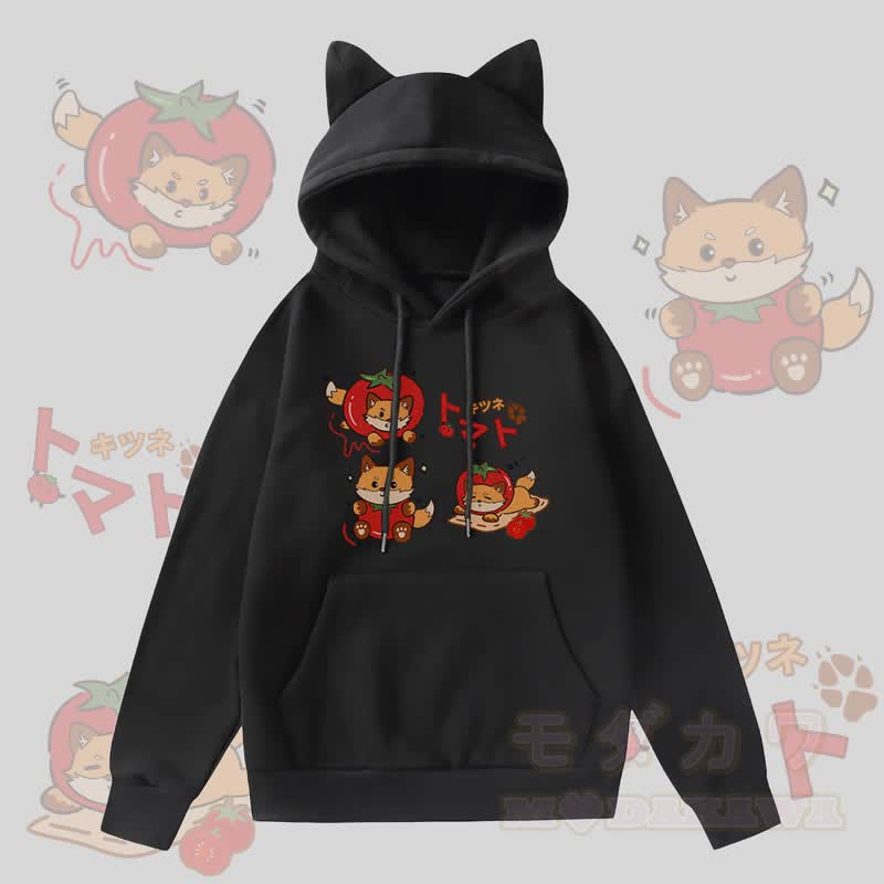 MODAKAWA Tomato Fox Graphic Pocket Fleece Lined Hoodie with Cat Ears  - Black - 2XL - image 4