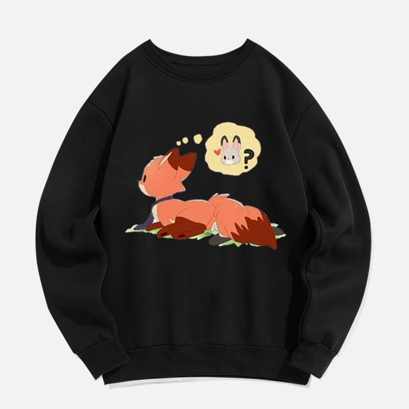 Modakawa Girlfriend Boyfriend Fox Bunny Print Round Collar Sweatshirt - Black B - 2XL - image 4