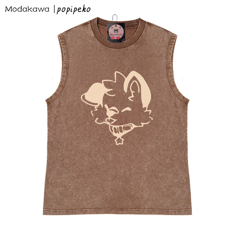 MODAKAWA X popipeko Puppy Graphic Unisex Vintage Washed Sleeveless T-Shirt - Brown - 2XL - image 3