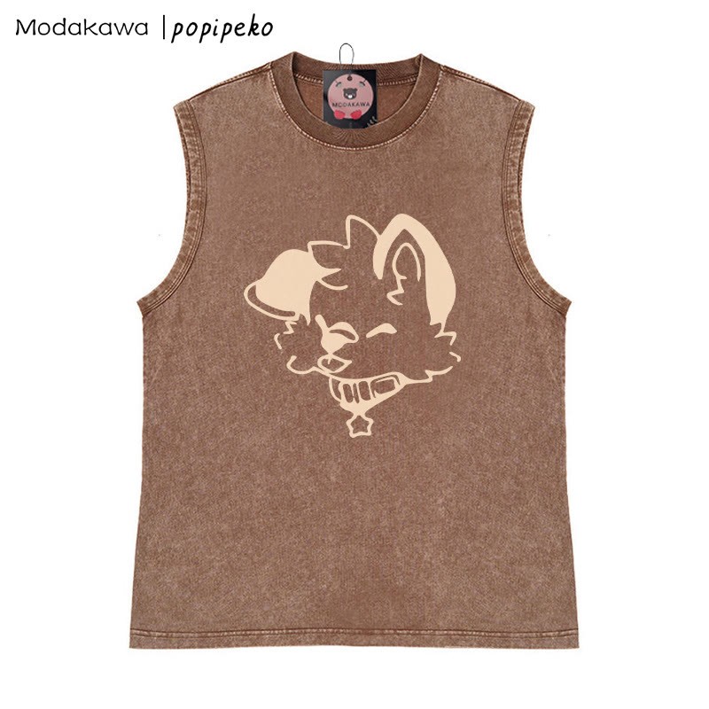 MODAKAWA X popipeko Puppy Graphic Unisex Vintage Washed Sleeveless T-Shirt - Brown - 2XL - image 3