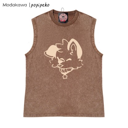 MODAKAWA X popipeko Puppy Graphic Unisex Vintage Washed Sleeveless T-Shirt - Brown - 2XL - image 3