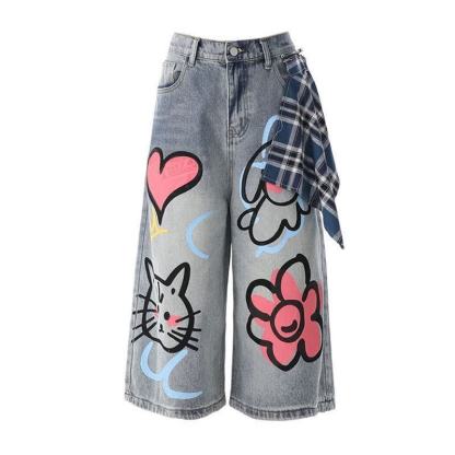 Casual Cat Heart Floral Graffiti Denim Capris Loose Jeans  - Blue - XL - image 4