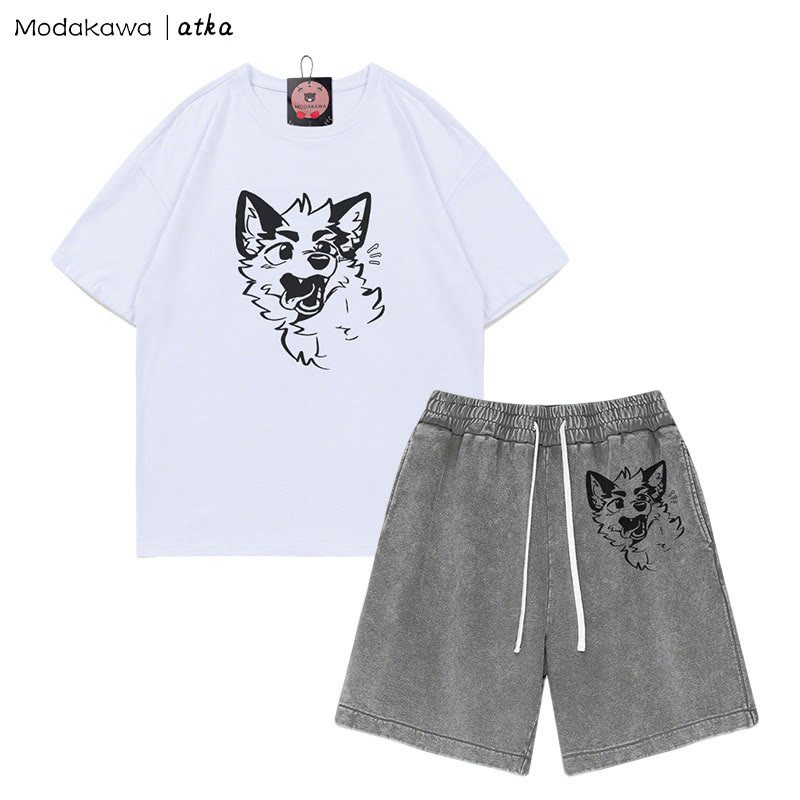 MODAKAWA X atka Playful Fox Face Graphic T-shirt Vintage Washed Shorts Two Pieces Set - White&Grey - 3XL - image 6