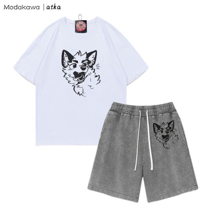 MODAKAWA X atka Playful Fox Face Graphic T-shirt Vintage Washed Shorts Two Pieces Set - White&Grey - 3XL - image 6