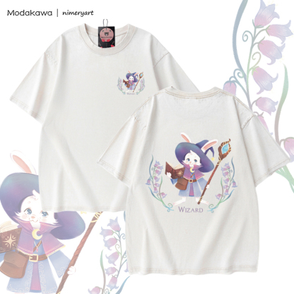 MODAKAWA X nimeryart WIZARD Rabbit Graphic Unisex Vintage Washed T-shirt - Apricot - 5XL - image 4