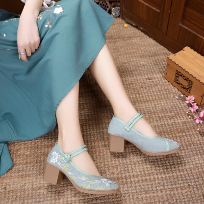 Vintage Floral Embroidery Canvas High Heel Shoes - image 5