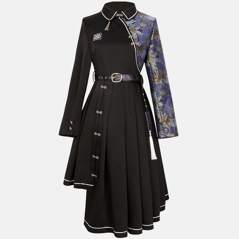 Vintage Lapel Floral Embroidery Button Splice Irregular Dress With Belt - Long Sleeves - L - image 1