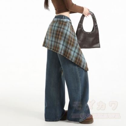 Vintage Wide Leg Ripped Jeans with Plaid Strap - image 7