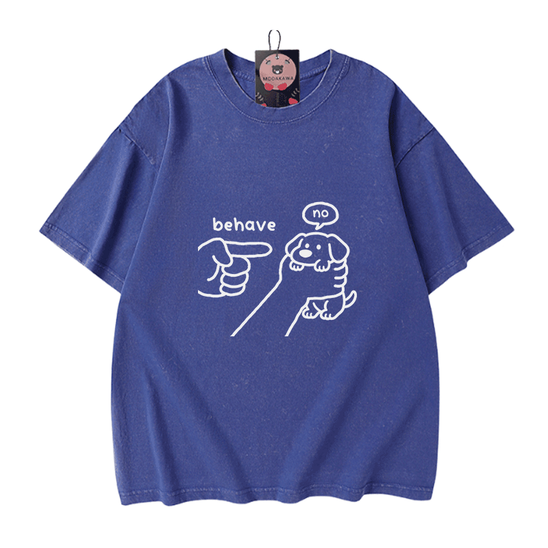 BEHAVE NO Puppy Graphic Modakawa Vintage Washed 100% Cotton T-shirt - Blue - 5XL - image 4