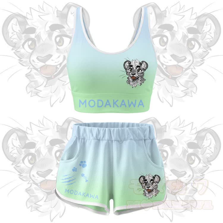 MODAKAWA X atka Tiger Graphic Crop Tank Sport Top Shorts Bikini Matching Outfit - Green Set - 5XL - image 10