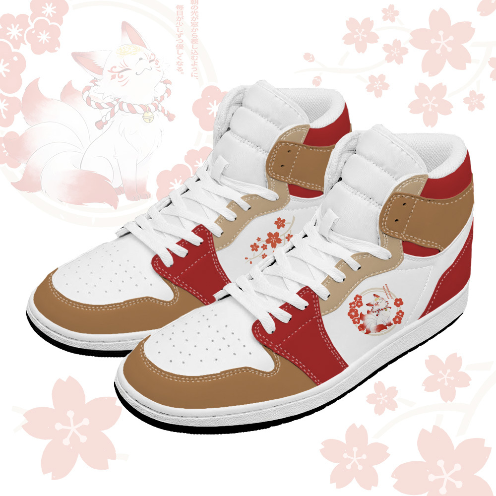 Sakura Nine Tailed Fox Graphic Modakawa High Top Canvas Shoes - Brown & Red - 48 - image 2