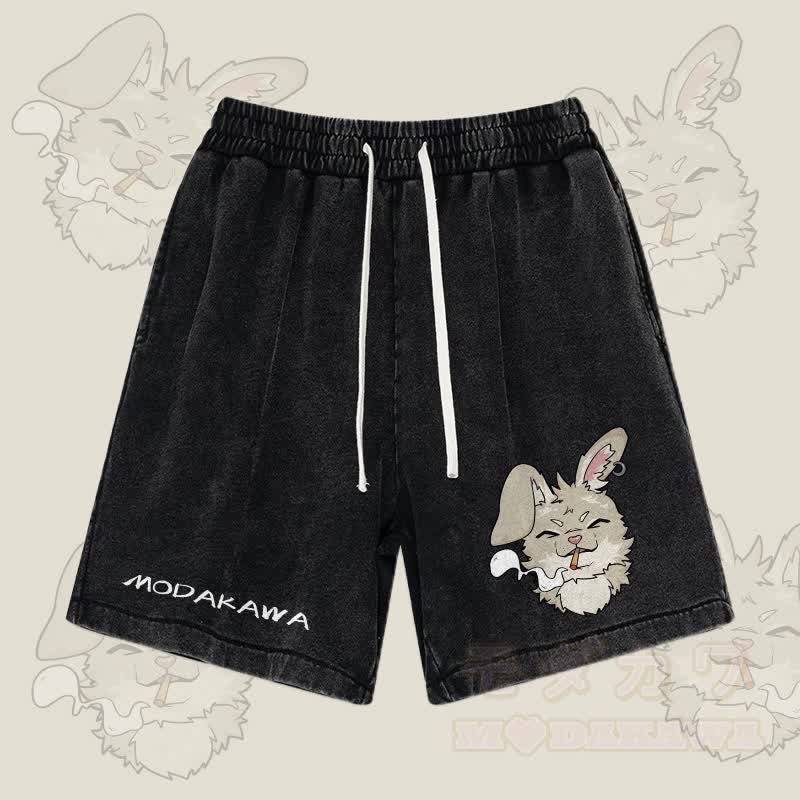 MODAKAWA Nabi Smoking Graphic Vintage Washed Streetwear Shorts - Black - 3XL - image 5