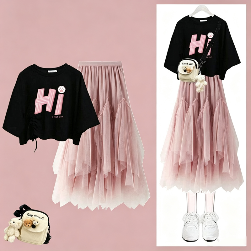  College Style Print Short Sleeve T-shirt Irregular Tulle Skirt Two Pieces Set - Pink Set A - XL - image 6