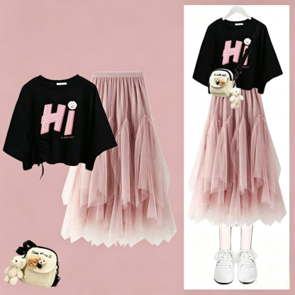  College Style Print Short Sleeve T-shirt Irregular Tulle Skirt Two Pieces Set - Pink Set A - XL - image 6