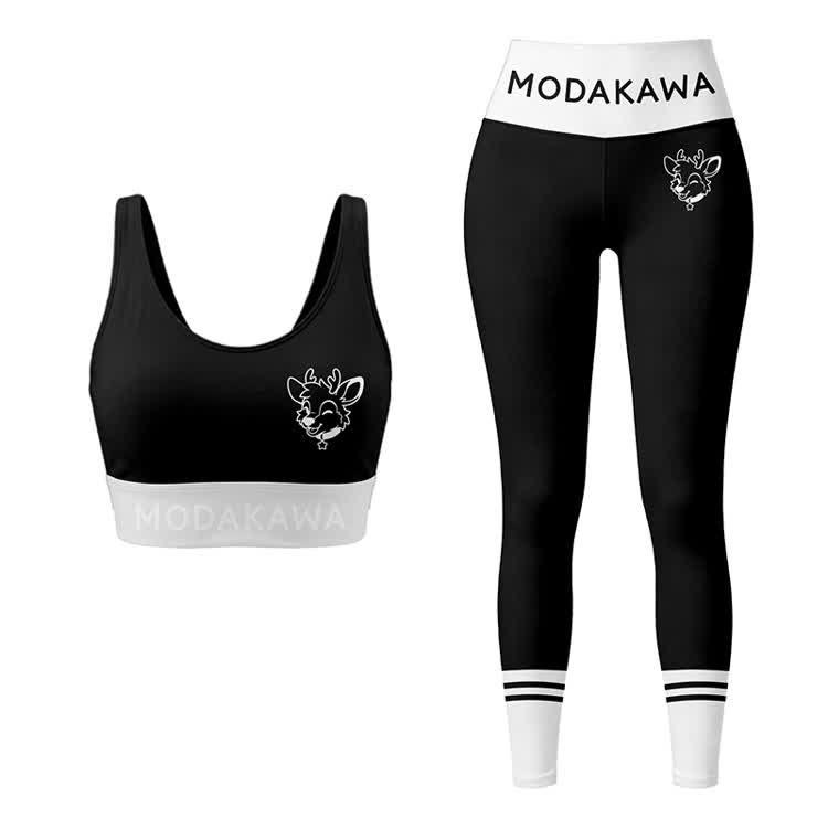 Deer Graphic Sports Bra Top Leggings Modakawa Matching Outfit - Black Set - 5XL - image 13