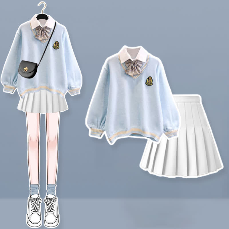 Fake Matching Outfit Bow Decor Sweater Pleated Skirt Plush Pants Matching Outfit - Set B - XL - image 4