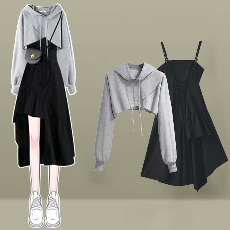 Cross Short Hoodie Lace Up Irregular Slip Dress Matching Outfit - image 1