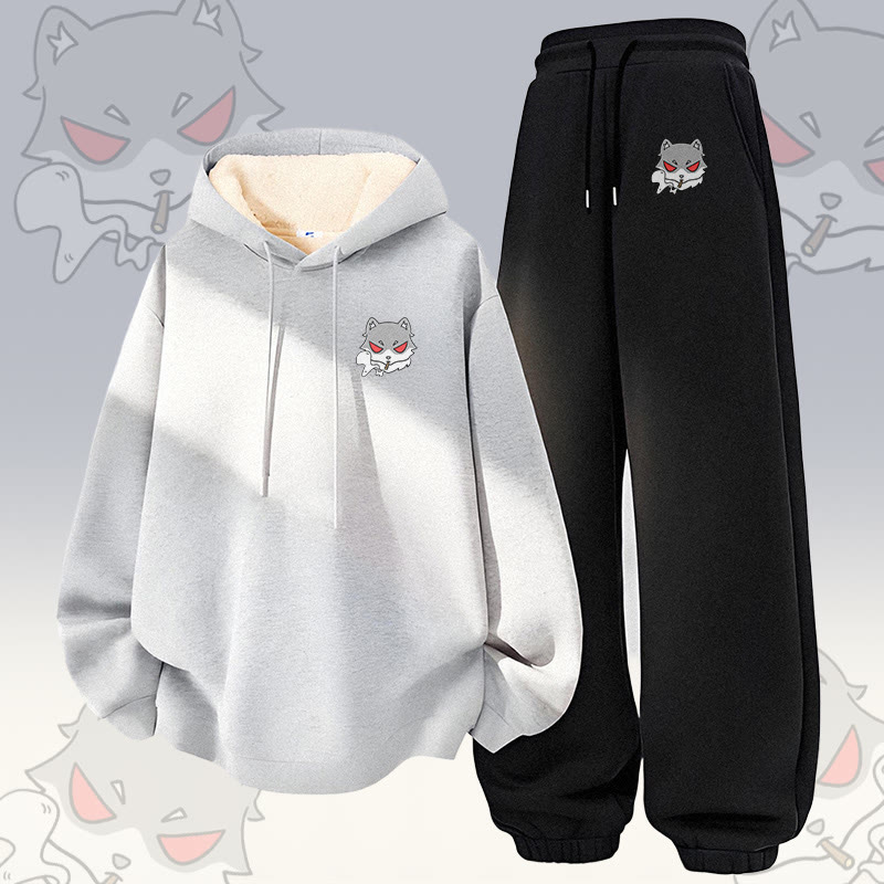 MODAKAWA Smoking Wolf Graphic Thick Fleece Lined Hoodie Pants Two Pieces Set - Grey&Black - 5XL - image 2