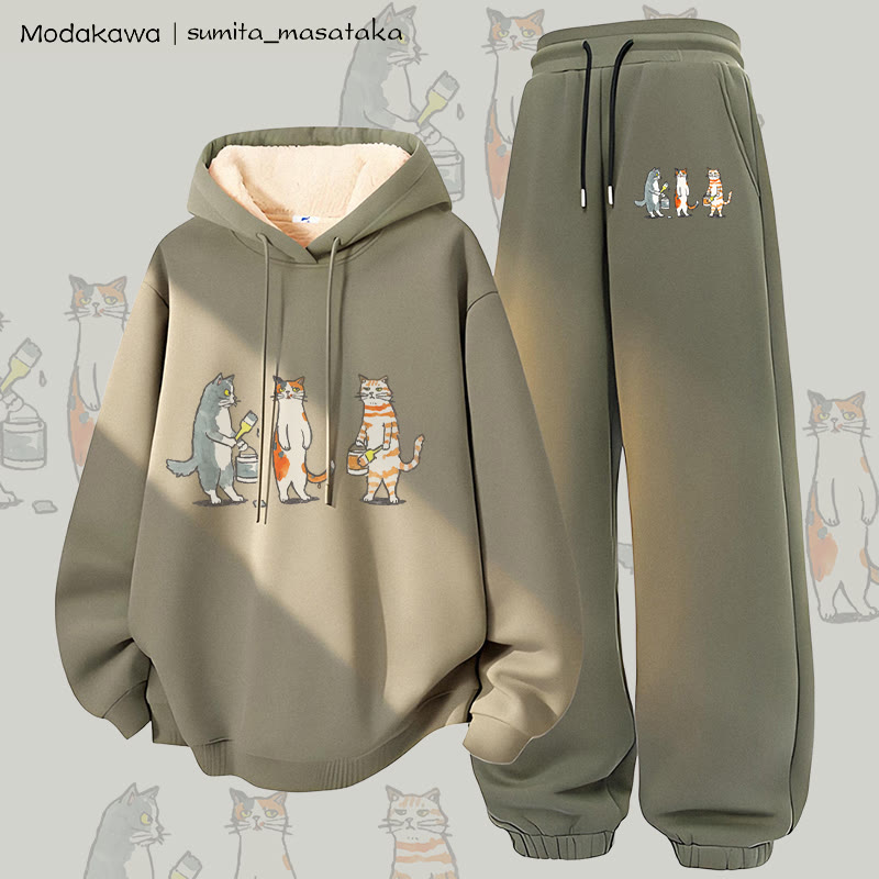 MODAKAWA X sumita_masataka Cat Painter Graphic Thick Fleece Lined Hoodie Pants Two Pieces Set - Green - 5XL - image 2