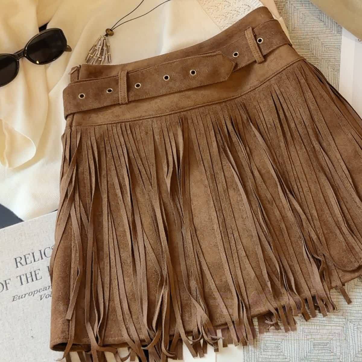 Vintage Faux Suede Mini Skirt with Fringe and Belt - image 12