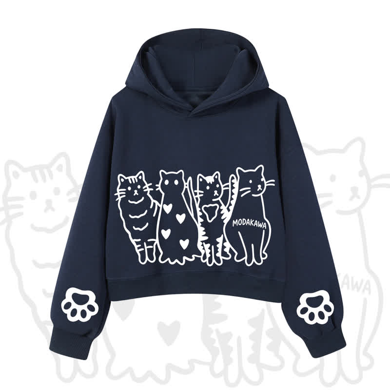 MODAKAWA Cute Cats Paw Sleeves Cropped Cotton Hoodie - Navy Blue - 3XL - image 9
