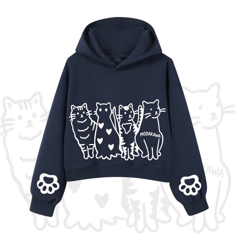MODAKAWA Cute Cats Paw Sleeves Cropped Cotton Hoodie - Navy Blue - 3XL - image 9