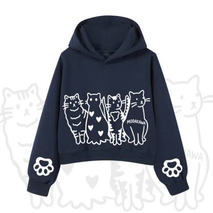MODAKAWA Cute Cats Paw Sleeves Cropped Cotton Hoodie - Navy Blue - 3XL - image 9