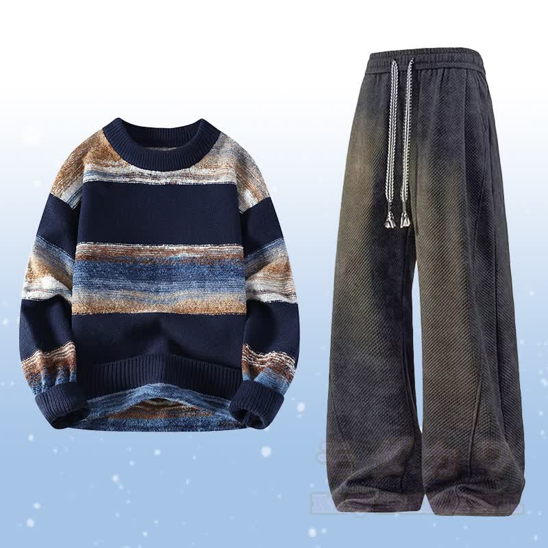 Stripe Knit Sweater Fleece Lined Pants Two Pieces - Set D - 4XL - image 4